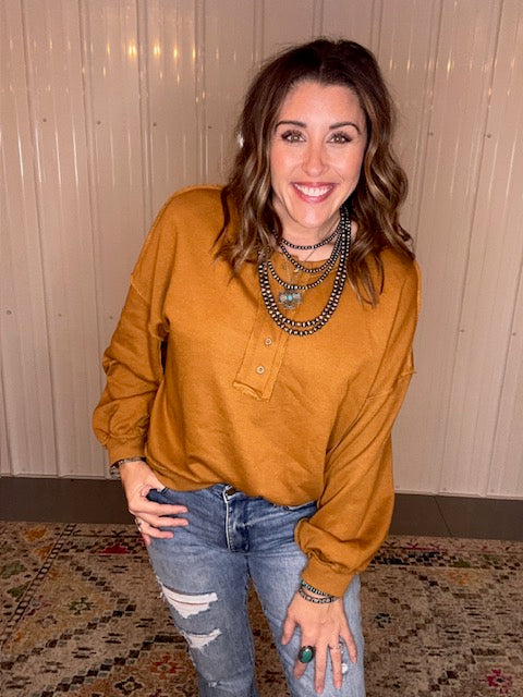 Drop Shoulder Henley Buttons Sweatshirt
